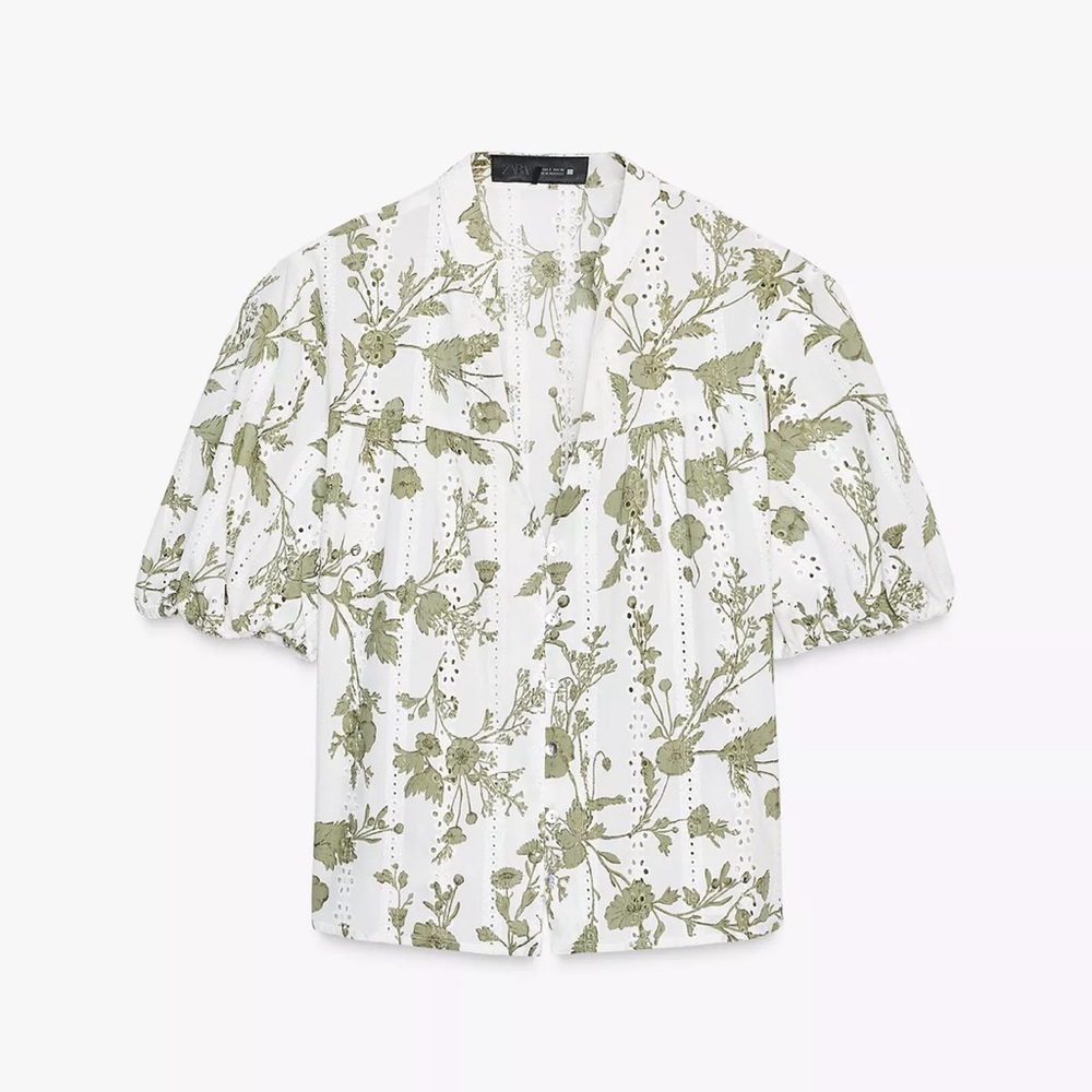 Zara Green and White Floral Button Down Shirt Women’s Small